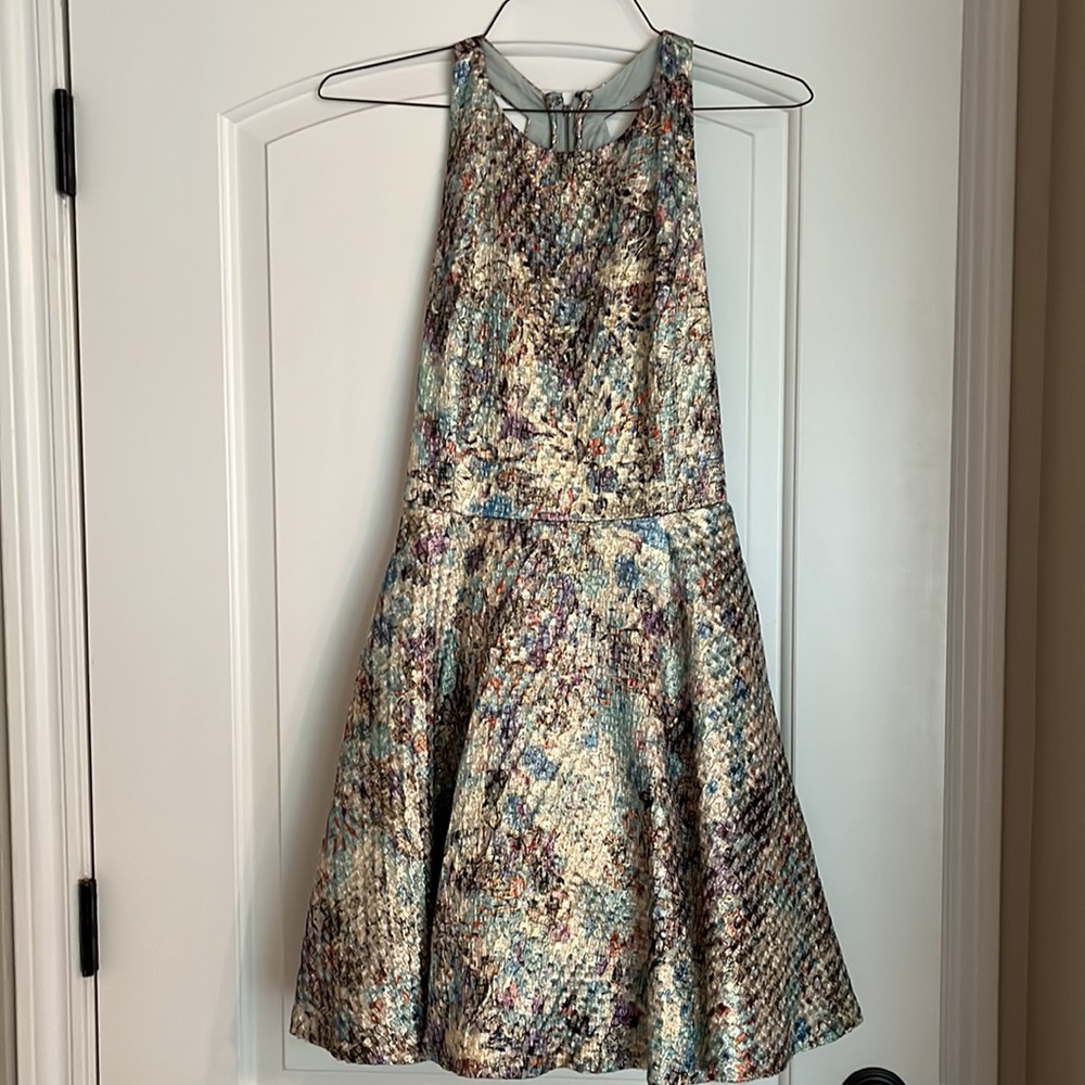 Alice + Olivia party dress with gold shimmer.